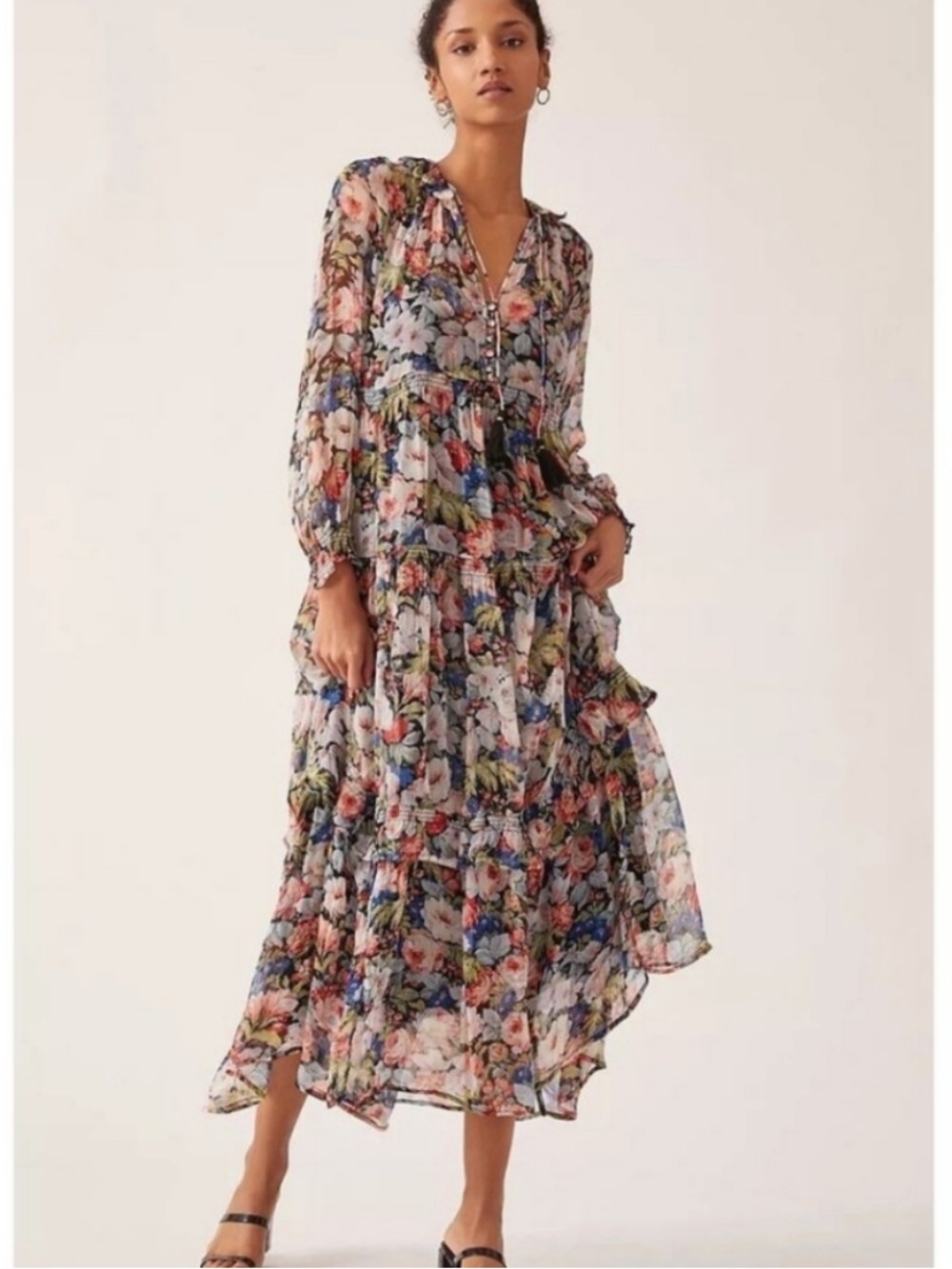 Anthropologie Sheer Floral Tiered Maxi Dress - Blue, Pink, Green